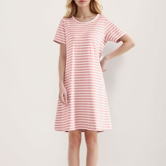 Womens Summer Casual Dresses Stripe Print Round Neck Short Sleeve Mid Length Dress Holiday Wear