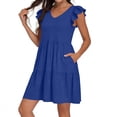 thumbnail image 1 of Womens Summer Casual Dresses V Neck Ruffle Cap Sleeve with Pockets Tiered Pleated Flowy Lounge Vacation Mini Dress,Sizes S-2XL, 1 of 6