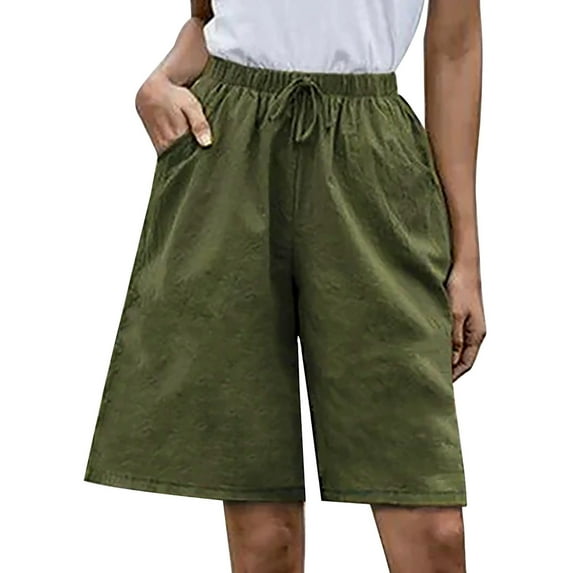 Womens Summer Casual High Waisted Linen Shorts Solid Drawstring Pockets Shorts Loose Wide Leg Short Pants Plus Size