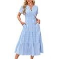 thumbnail image 1 of Womens Summer Casual Light-Weight Short Sleeve V Neck Elastic Waist Boho Beach Midi Dress Pockets Light Blue XXL, 1 of 7