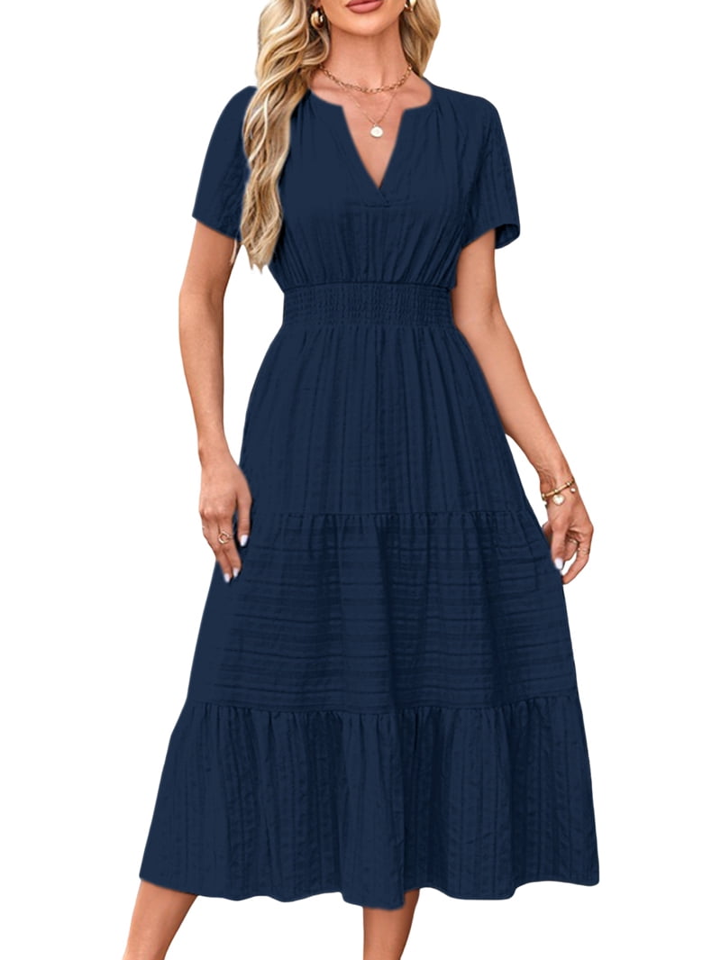 Womens Summer Casual Light-Weight Short Sleeve V Neck Elastic Waist Boho  Beach Midi Dress Pockets Navy Blue S - Walmart.com