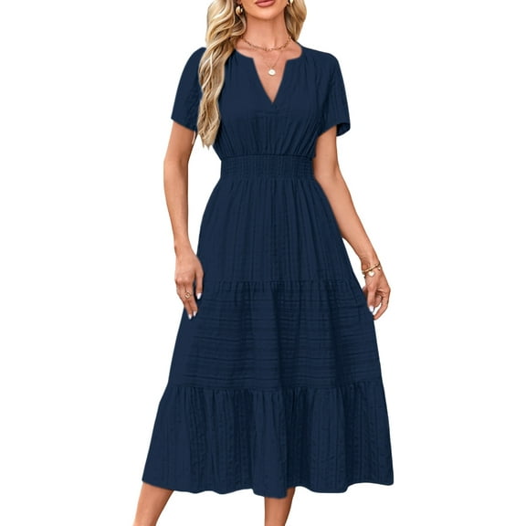 Womens Summer Casual Light-Weight Short Sleeve V Neck Elastic Waist Boho Beach Midi Dress Pockets Navy Blue S