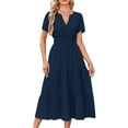 thumbnail image 1 of Womens Summer Casual Light-Weight Short Sleeve V Neck Elastic Waist Boho Beach Midi Dress Pockets Navy Blue XXL, 1 of 6