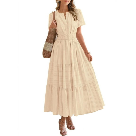 Womens Summer Casual Light-Weight Short Sleeve V Neck Elastic Waist Boho Beach Midi Dress Pockets  XXL