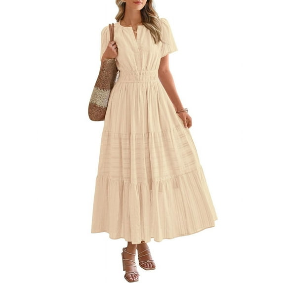 Womens Summer Casual Light-Weight Short Sleeve V Neck Elastic Waist Boho Beach Midi Dress Pockets XXL