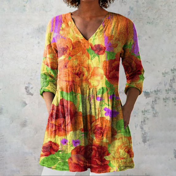 Womens Summer Casual Linen V-neck Shirt Printed Group Long Sleeve T Shirts for Women