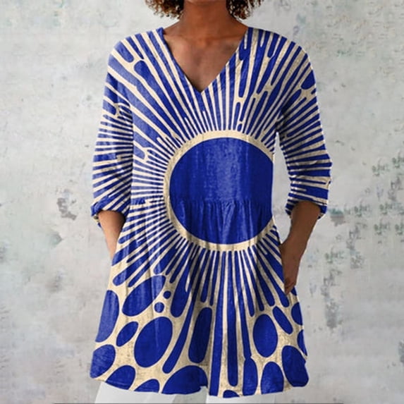Womens Summer Casual Linen V-neck Shirt Printed Group Long Sleeve T Shirts for Women