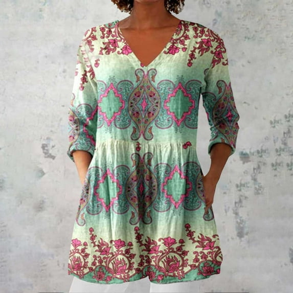 Womens Summer Casual Linen V-neck Shirt Printed Group Long Sleeve T Shirts for Women