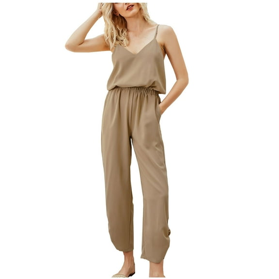 Womens Summer Casual Loose Spaghetti Strap Jumpsuit Elastic Waist Comfy Cropped Wide Leg Pants Rompers with Pockets