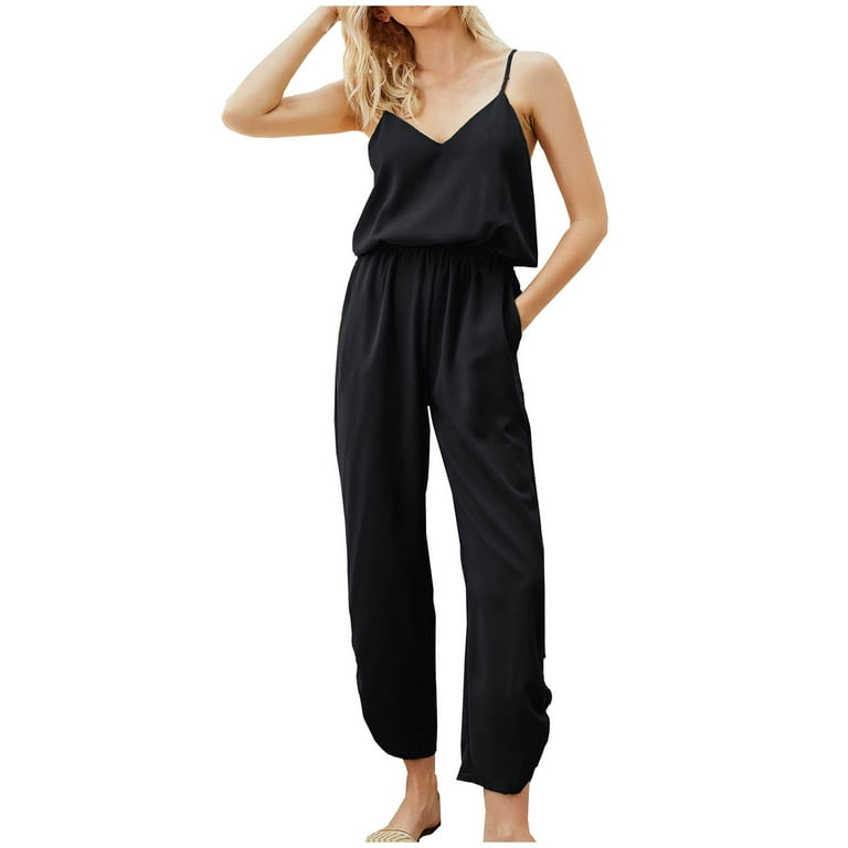 Womens Summer Casual Loose Spaghetti Strap Jumpsuit Elastic Waist