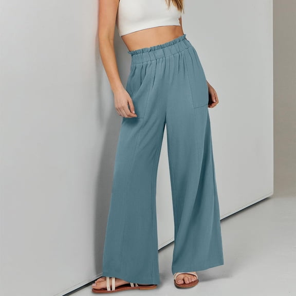 Womens Summer Casual Loose Wide Leg Palazzo Pants High Waist Flowy Beach Trousers Work Outfits