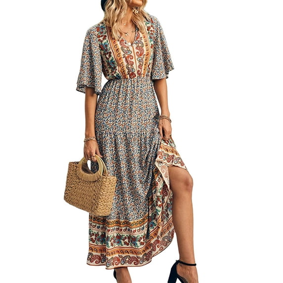 Womens Summer Casual Maxi Dress Bohemian Floral V Neck Puff Short Sleeve Ethnic Style Beach Tiered Sundress Long Swing Dress