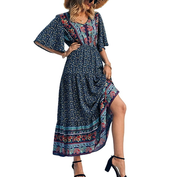 Womens Summer Casual Maxi Dress Bohemian Floral V Neck Puff Short Sleeve Ethnic Style Beach Tiered Sundress Long Swing Dress