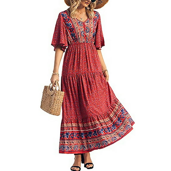 Womens Summer Casual Maxi Dress Bohemian Floral V Neck Puff Short Sleeve Ethnic Style Beach Tiered Sundress Long Swing Dress