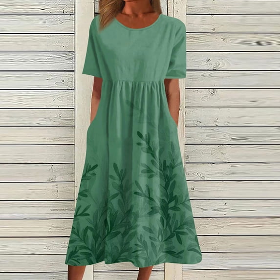 Womens Summer Casual Maxi Dress Floral Print Short Sleeve Long Dress