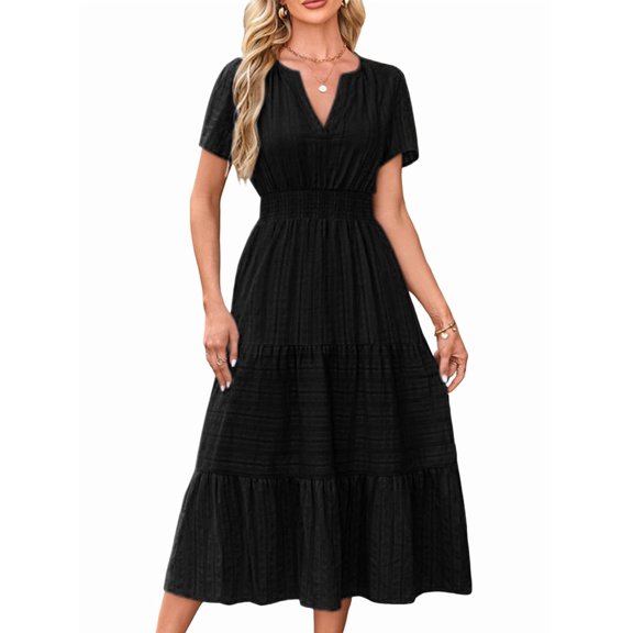 Womens Summer Casual Midi Maxi Dresses Light-Weight Short Sleeve V Neck Elastic Waist Boho Beach Dress Pockets Black XXL