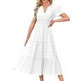 thumbnail image 1 of Womens Summer Casual Midi Maxi Dresses Light-Weight Short Sleeve V Neck Elastic Waist Boho Beach Dress Pockets White XXL, 1 of 6