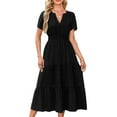 thumbnail image 1 of Womens Summer Casual Midi Maxi Dresses Light-Weight Short Sleeve V Neck Elastic Waist Boho Beach Dress Pockets, 1 of 6