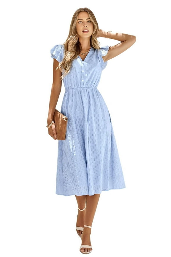 Womens Summer Casual Midi Maxi Dresses Puff Sleeve V Neck Elastic Waist Boho Beach Dress Pockets Sky blue S