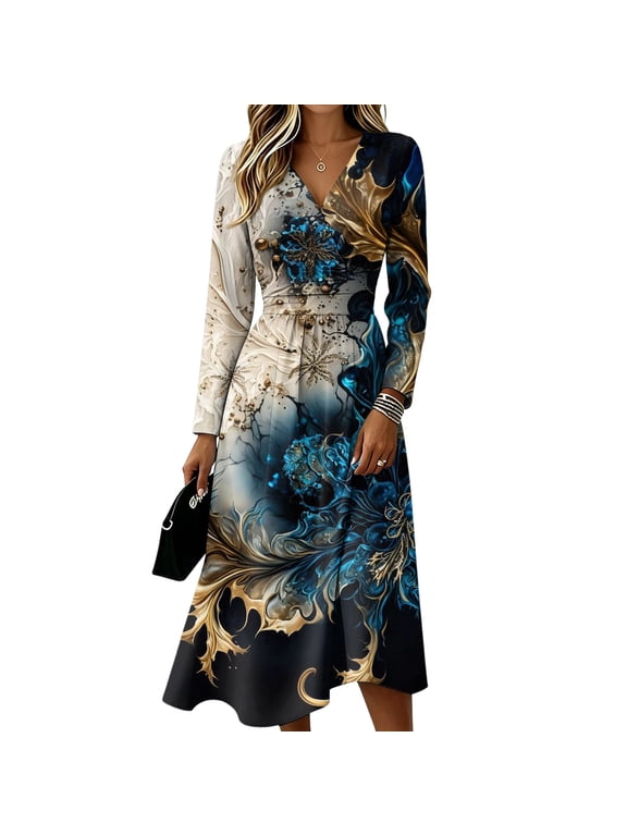 Womens Summer Casual Midi Maxi Dresses Spring Fall Plus Size V Neck Flowy a Line Dress Maxi Dress for Wedding Guest, Graduation, Party