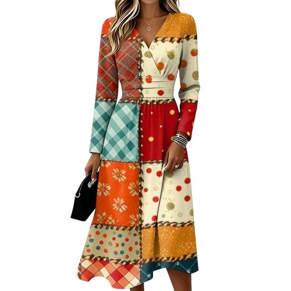 Womens Summer Casual Midi Maxi Dresses V Neck Vintage Long Sleeve Work Casual Dress Elegant Formal Wrap Dress