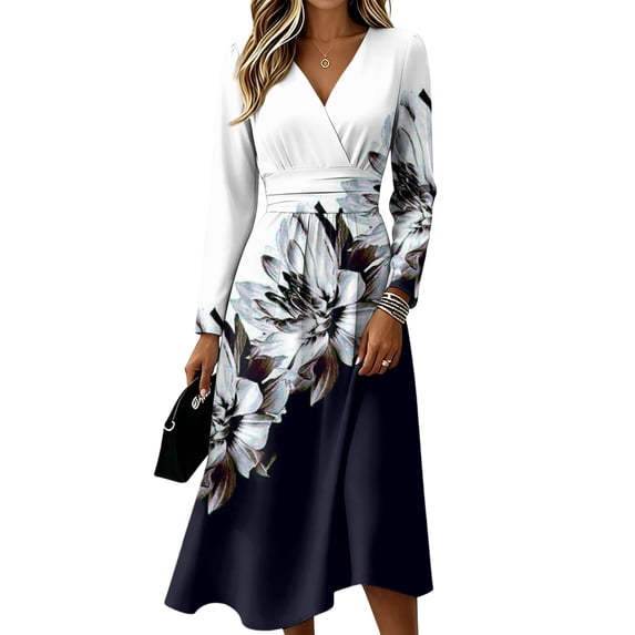 Womens Summer Casual Midi Maxi Dresses V Neck Vintage Long Sleeve Work Casual Dress Maxi Dress for Wedding Guest, Graduation, Party