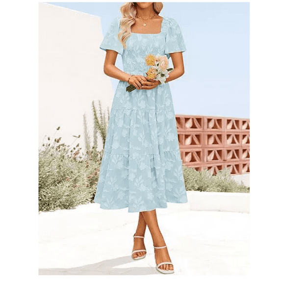 Womens Summer Casual Midi Print Dresses Square Neck Short Sleeve Smocked A Line Floral Flowy Elegant Boho Dress