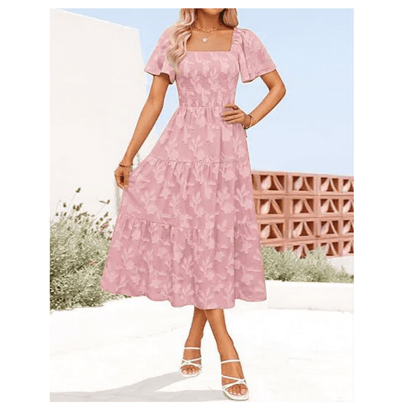 Womens Summer Casual Midi Print Dresses Square Neck Short Sleeve Smocked A Line Floral Flowy Elegant Boho Dress