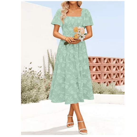Womens Summer Casual Midi Print Dresses Square Neck Short Sleeve Smocked A Line Floral Flowy Elegant Boho Dress