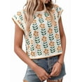 thumbnail image 1 of Womens Summer Casual Printed Tops Cap Sleeve Crew Neck Cute Knit Sweaters Bee White XL, 1 of 7