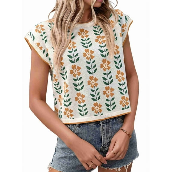 Womens Summer Casual Printed Tops Cap Sleeve Crew Neck Cute Knit Sweaters Bee white M