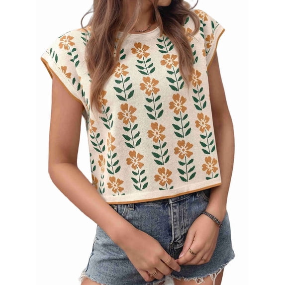 Womens Summer Casual Printed Tops Cap Sleeve Crew Neck Cute Knit Sweaters apricot L