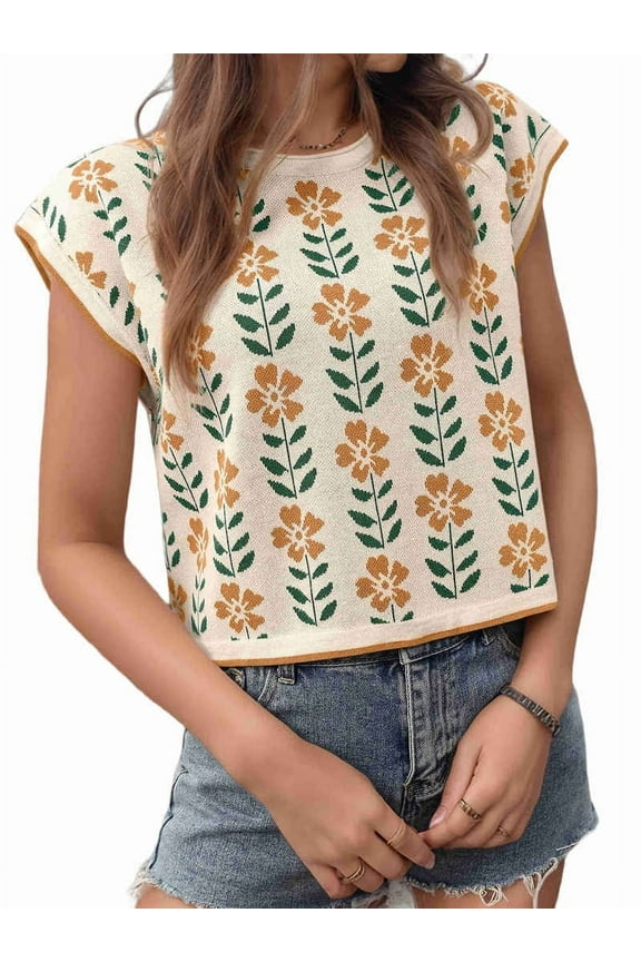 1pcs Womens Summer Casual Printed Tops Cap Sleeve Crew Neck Cute Knit Sweaters M To prevail in kind