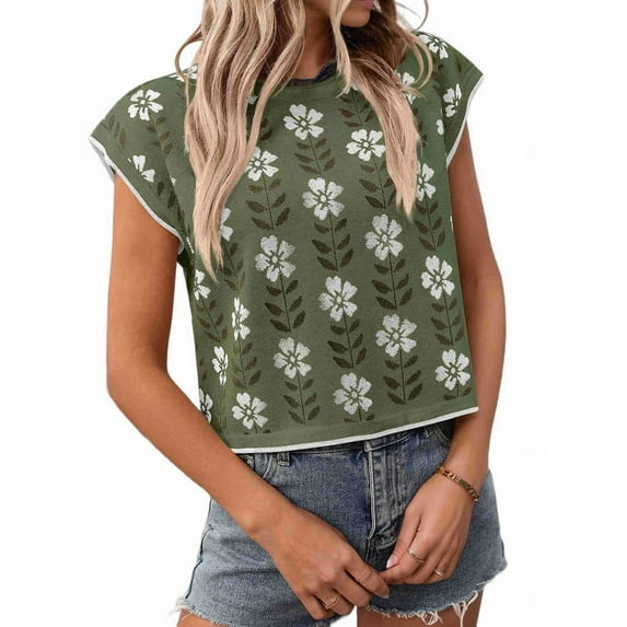 Womens Summer Casual Printed Tops Cap Sleeve Crew Neck Cute Knit Sweaters green L