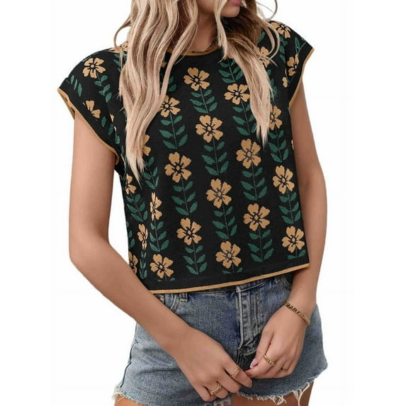 Womens Summer Casual Printed Tops Cap Sleeve Crew Neck Cute Knit Sweaters