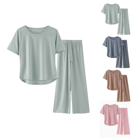 Womens Summer Casual Set Loose Fit Short Sleeve Pullover Top with Wide Leg Pants