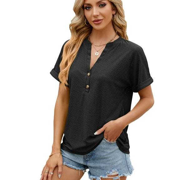 Womens Summer Casual Shirts Button Down Shirts Fashion Loose Fit V Neck Short Sleeve T Shirts 2025