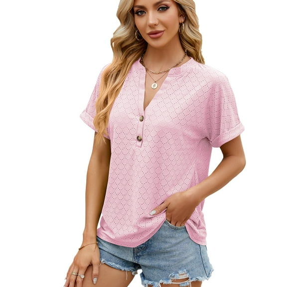 Womens Summer Casual Shirts Button Down Shirts Fashion Loose Fit V Neck Short Sleeve T Shirts 2025
