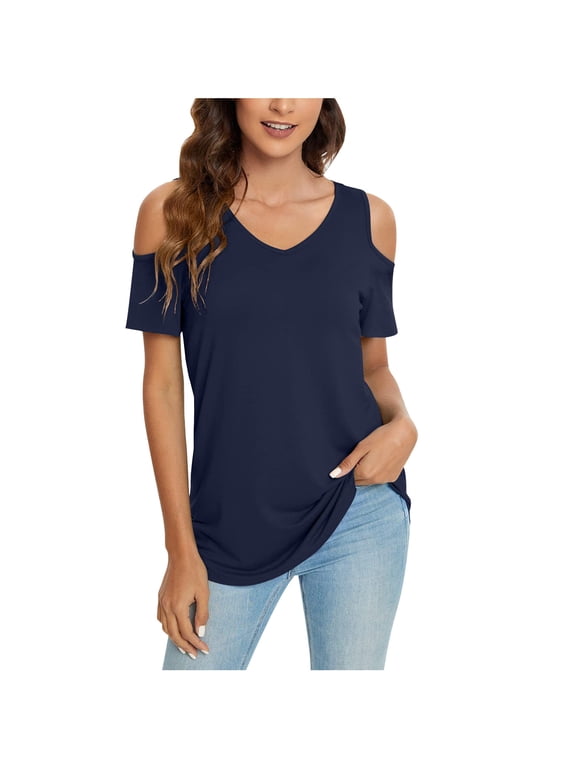 Womens Summer Casual Shirts Short Sleeve Cold Shoulder Tops Blouses Tunics Navy M