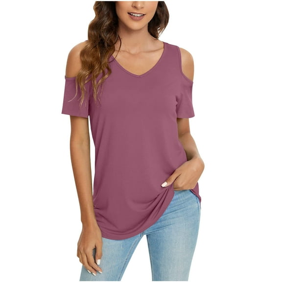 Womens Summer Casual Shirts Short Sleeve Cold Shoulder Tops Blouses Tunics Red S