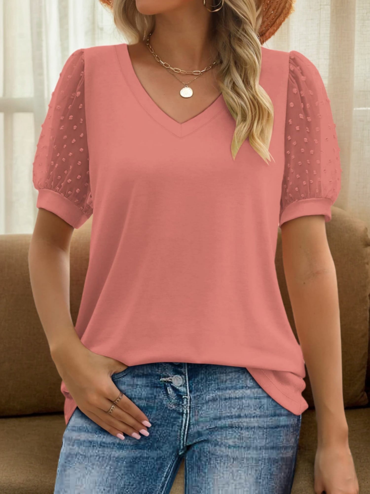 Womens Summer Casual Shirts Short Sleeve Tunic V Neck Trendy Blouses ...