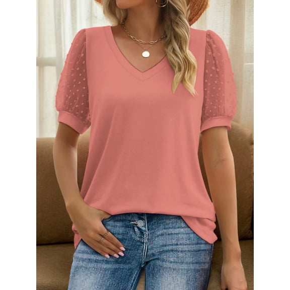 Womens Summer Casual Shirts Short Sleeve Tunic V Neck Trendy Blouses Tops