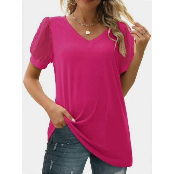 Womens Summer Casual Shirts Short Sleeve Tunic V Neck Trendy Blouses Tops