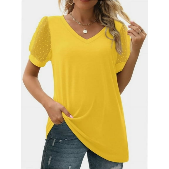 Womens Summer Casual Shirts Short Sleeve Tunic V Neck Trendy Blouses Tops