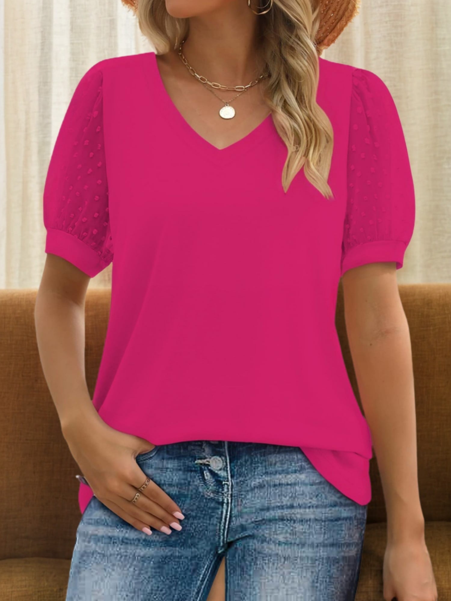 Womens Summer Casual Shirts Short Sleeve Tunic V Neck Trendy Blouses ...