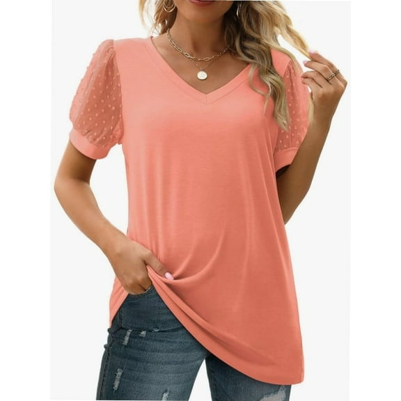 Womens Summer Casual Shirts Short Sleeve Tunic V Neck Trendy Blouses Tops