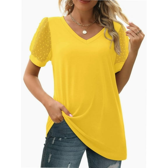Womens Summer Casual Shirts Short Sleeve Tunic V Neck Trendy Blouses Tops