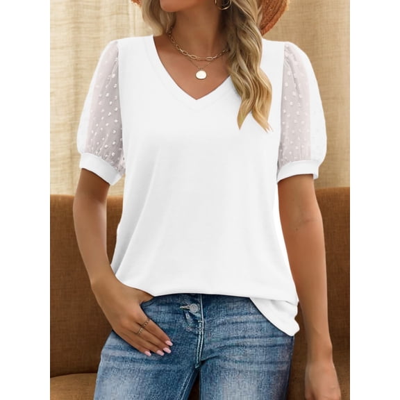 Womens Summer Casual Shirts Short Sleeve Tunic V Neck Trendy Blouses Tops