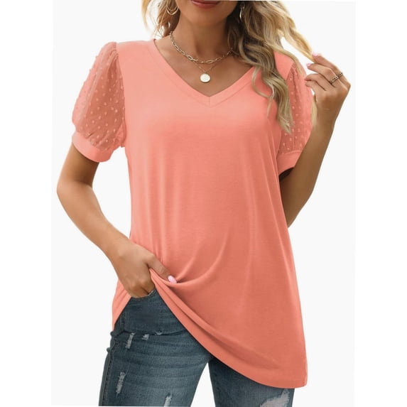 Womens Summer Casual Shirts Short Sleeve Tunic V Neck Trendy Blouses Tops