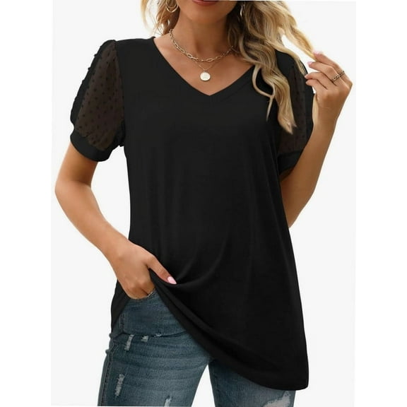 Womens Summer Casual Shirts Short Sleeve Tunic V Neck Trendy Blouses Tops